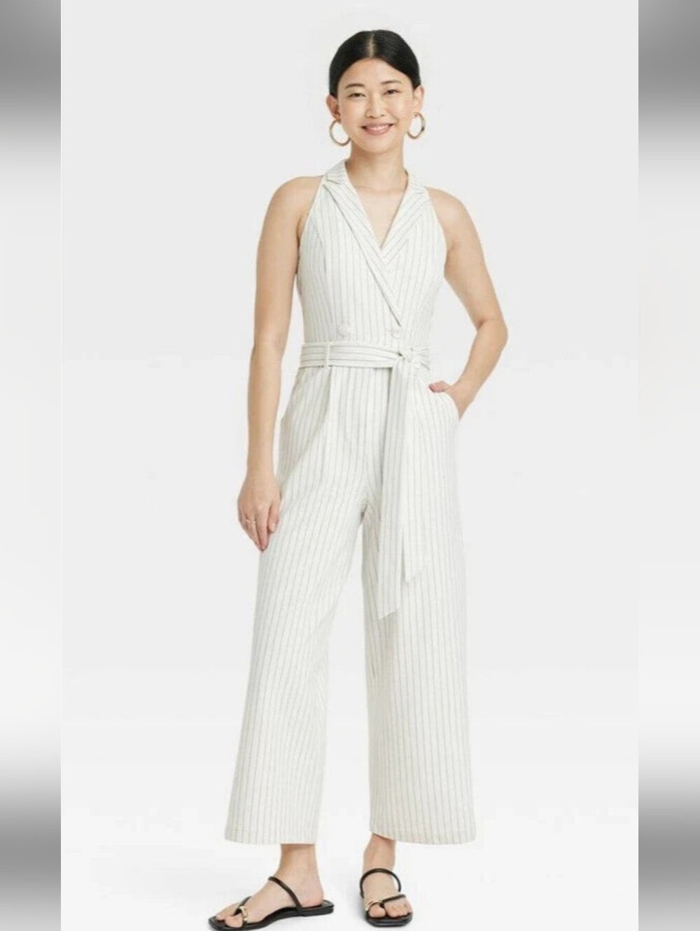 A New Day Pinstripe Halter Top Cream Black Wide Leg Pantsuit Jumpsuit Small